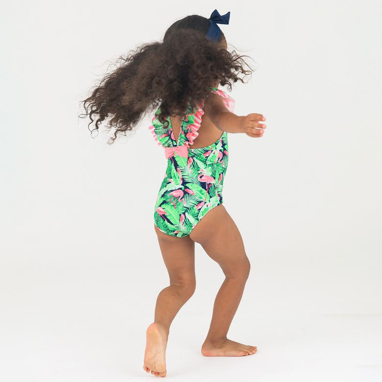 Shop Rufflebutts Girls V-back Upf50+ One Piece In Flamingo Frenzy