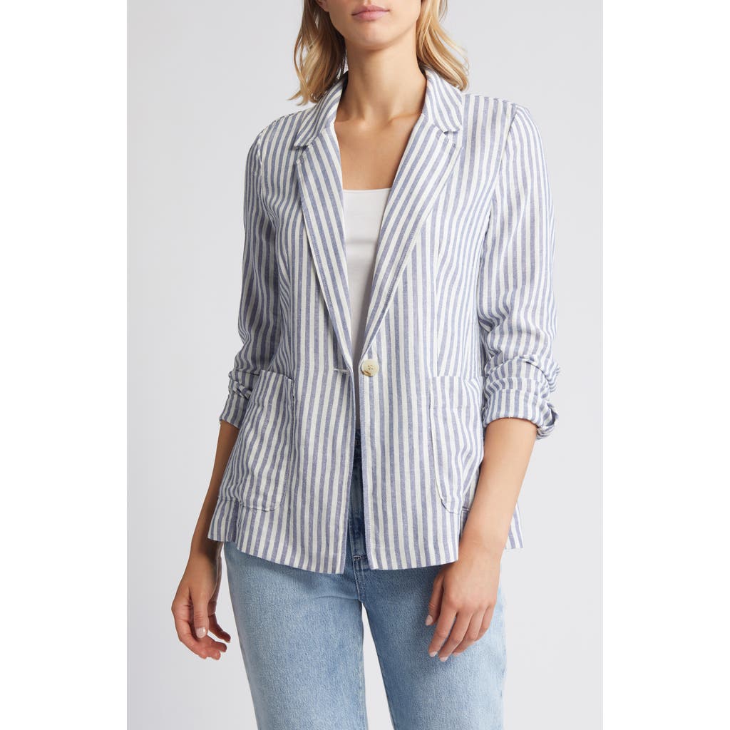 Shop Caslon ® Stripe Linen Blend Blazer In Blue M- Ivory Brianne Stripe