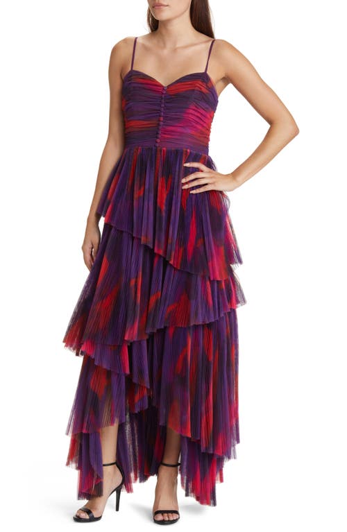 Akila Pleated Tiered Gown in Purple Messy Brushstrokes