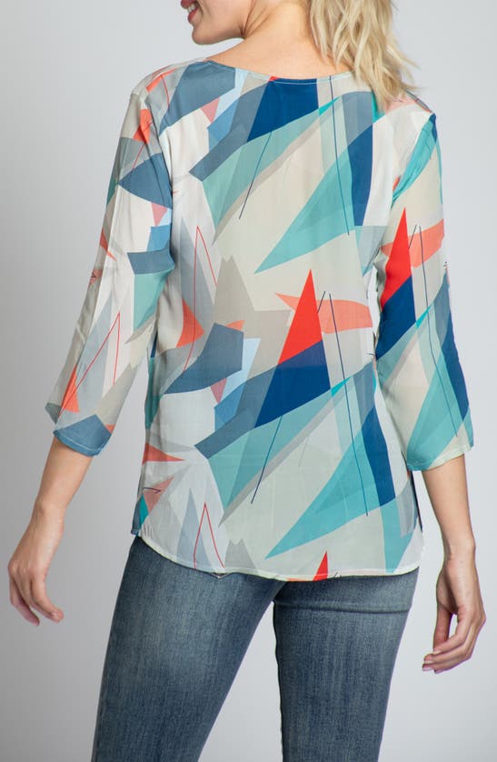 Apny Print V-neck Three-quarter-sleeve Chiffon Top In Green Multi
