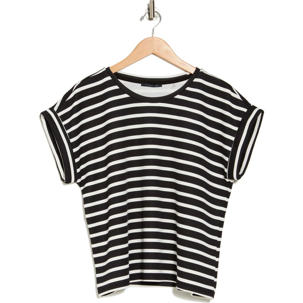 T Tahari Roll Sleeve Scuba Top In Black/white Stripe