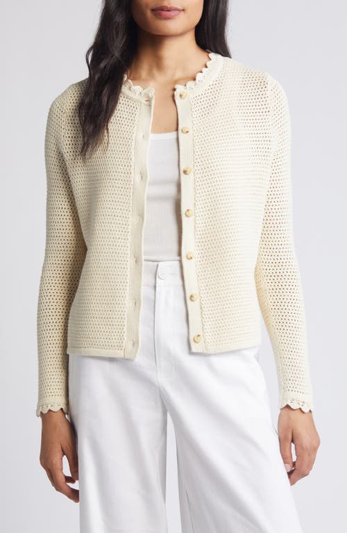 Scalloped Open Knit Cotton Cardigan in Warm Ivory