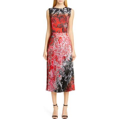 Fuzzi Degrade Floral Pleated Midi Dress, 8 IT - Red