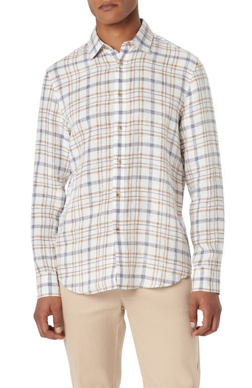 Bugatchi Julian Shaped Fit Plaid Linen Button-Up Shirt Caramel at Nordstrom,