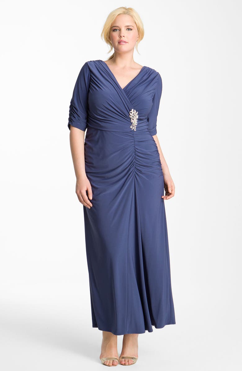 Alex Evenings Ruched Jersey Dress with Brooch (Plus) | Nordstrom
