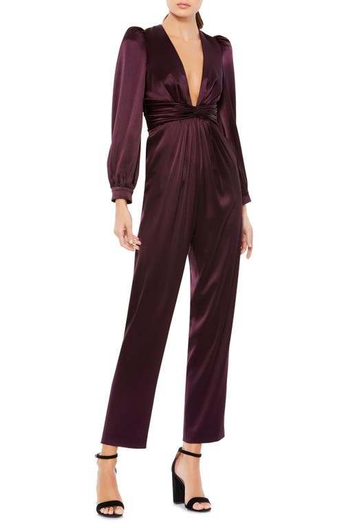 Mac Duggal Plunge Neck Long Sleeve Satin Jumpsuit in Plum
