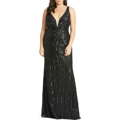 Plus Size MAC Duggal Starburst Illusion Plunge Neck Sequin Gown, Black
