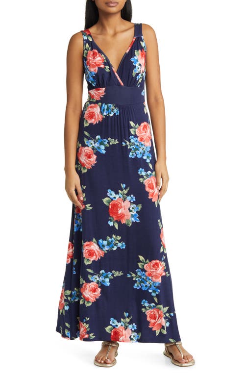 Loveappella Floral Surplice V-neck Knit Maxi Dress In Navy/red
