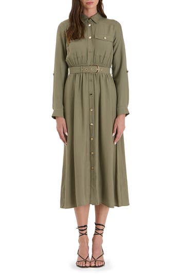 Shop August Sky Belted Shirtdress In Dusty Olive