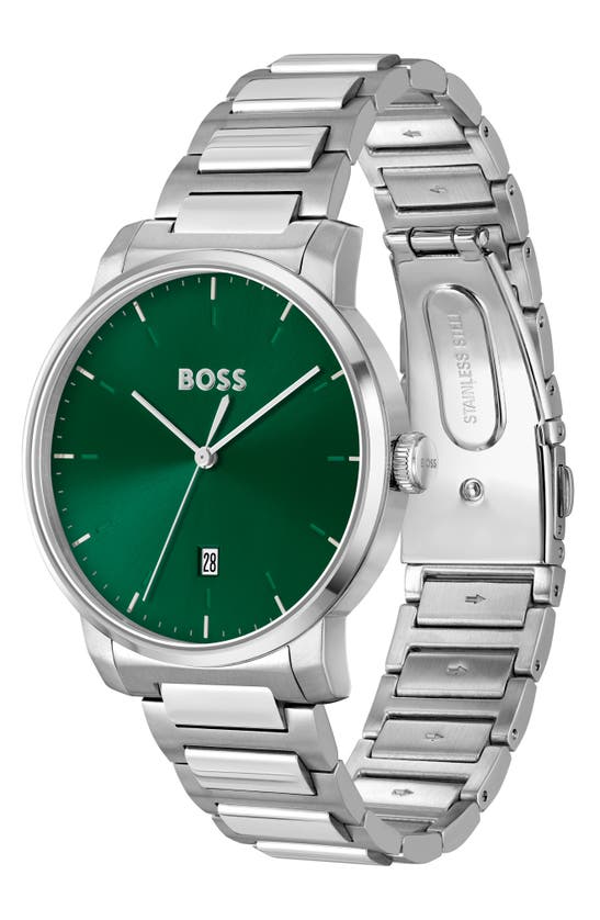Hugo Boss Men's Dean Quartz Basic Calendar Silver-tone Stainless Steel Watch 41mm In Green
