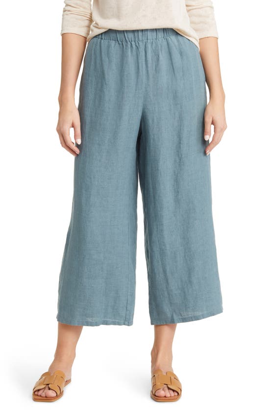 Eileen Fisher Petite Cropped Wide-leg Organic Linen Pants In Teal