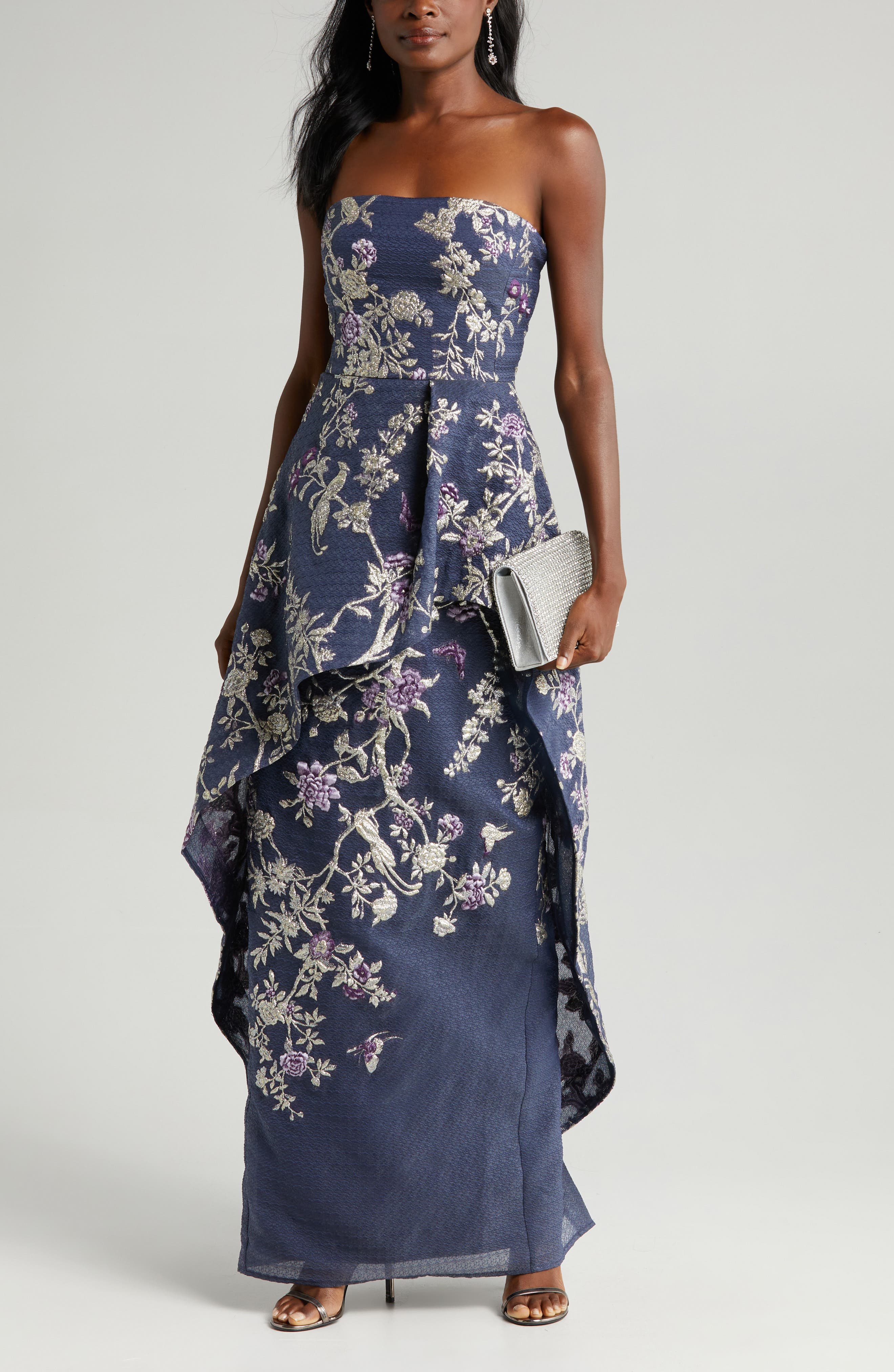 Blue Floral Strapless Dress