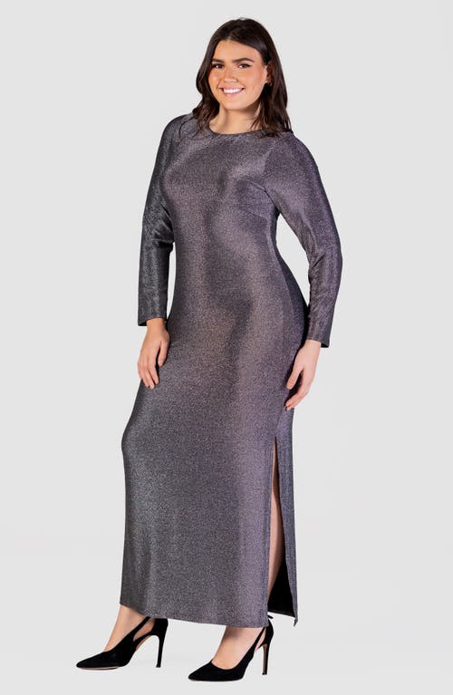 24seven Comfort Apparel Shimmery Long Sleeve Maxi Dress In Silver
