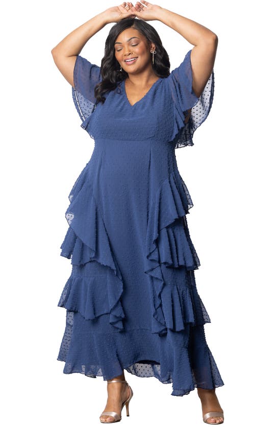 Kiyonna Tour De Flounce Tiered Maxi Dress In Denim Blue Dot