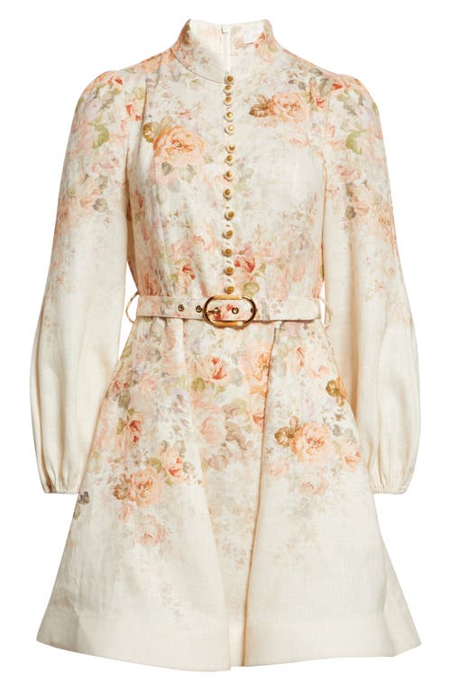 Shop Zimmermann Illustration Floral Long Sleeve Belted Linen Minidress In Cream Rococo Floral