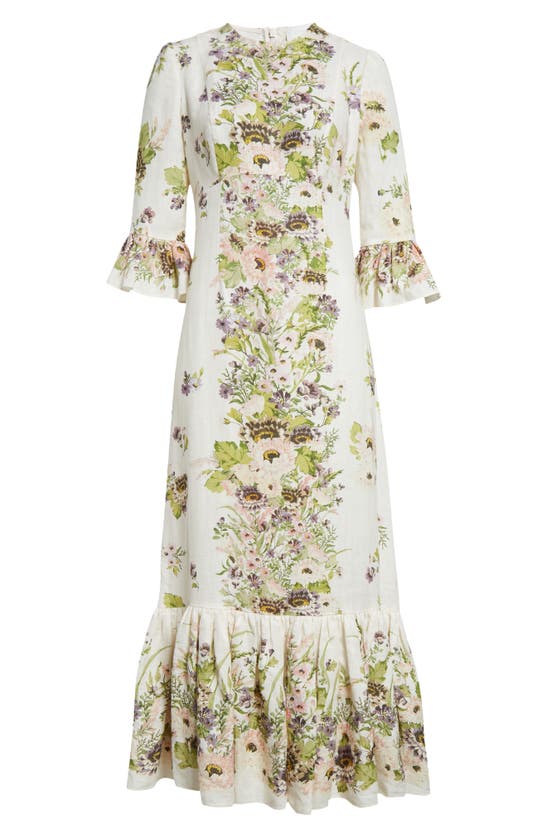 Shop Zimmermann Halliday Floral Frill Sleeve Linen Dress In Cream Multi Floral