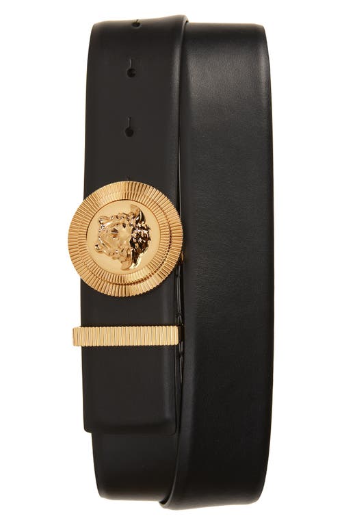 Versace Medusa Streamlined Leather Belt With Adjustable Length And Gold-tone Buckle In Black/gold