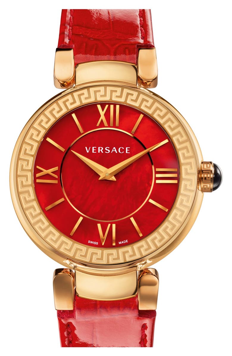 Versace 'Leda' Mother-of-Pearl Dial Leather Strap Watch, 38mm | Nordstrom