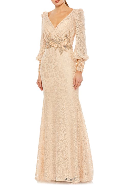 Beaded Detail Lace Long Sleeve Gown