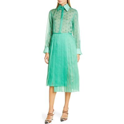 Fendi Ff Karligraphy Silk Organza Long Sleeve Midi Shirtdress, US / 40 IT - Green