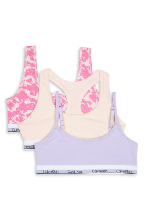 Calvin Klein Kids' Assorted 3-Pack Stretch Cotton Sports Bras in Lilac/Nude/Pink Splatter
