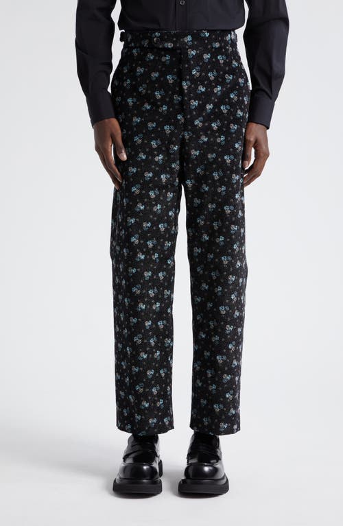 Chicory Floral Cotton Straight Leg Pants in Black Blue