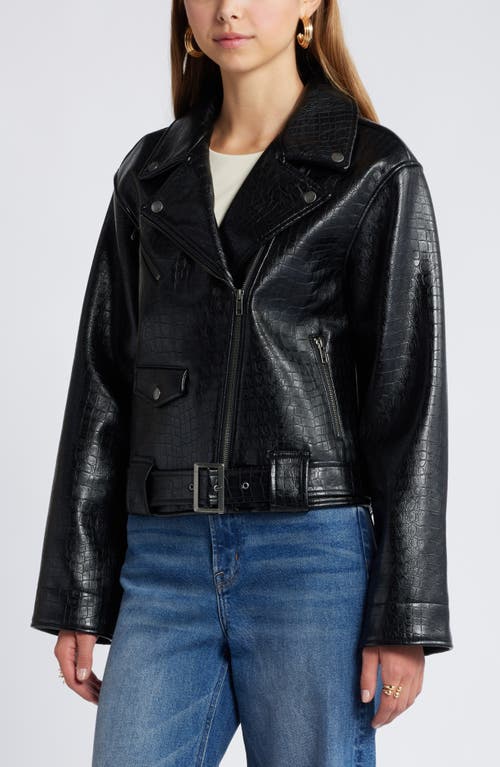 Shop Open Edit Belted Oversize Croc Embossed Faux Leather Moto Jacket In Black