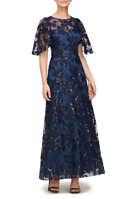 Js Collections Eveline Sequin Floral Overlay Gown In Deep Navy/teal