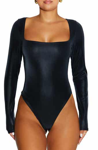 Naked Wardrobe In A Drip Long Sleeve Faux Leather Bodysuit in