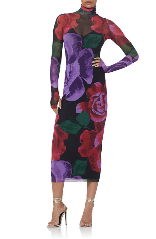 AFRM Shailene Turtleneck Long Sleeve Mesh Dress in Oversized Bloom