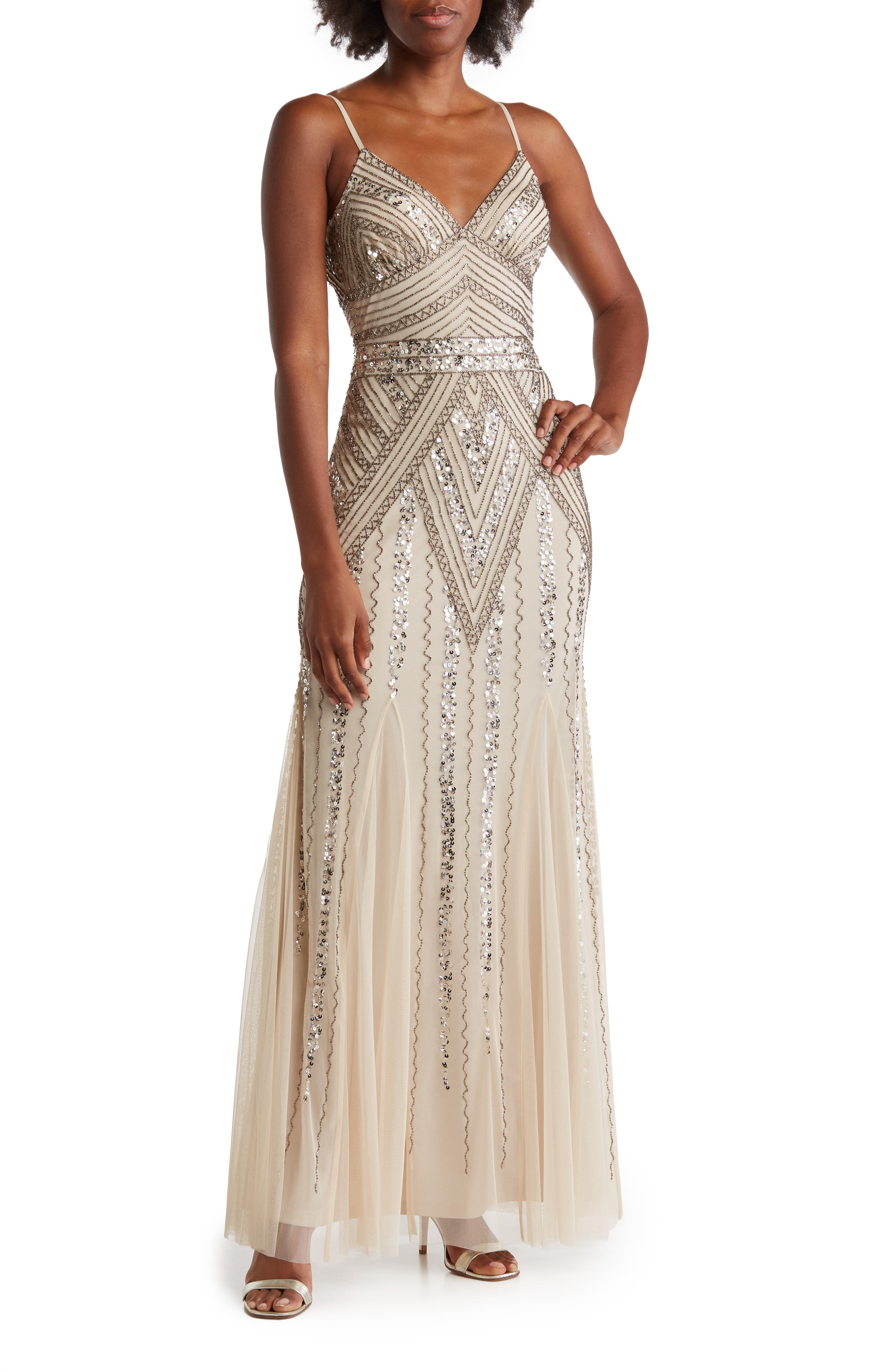 Marina Beaded Gown In Champ | ModeSens