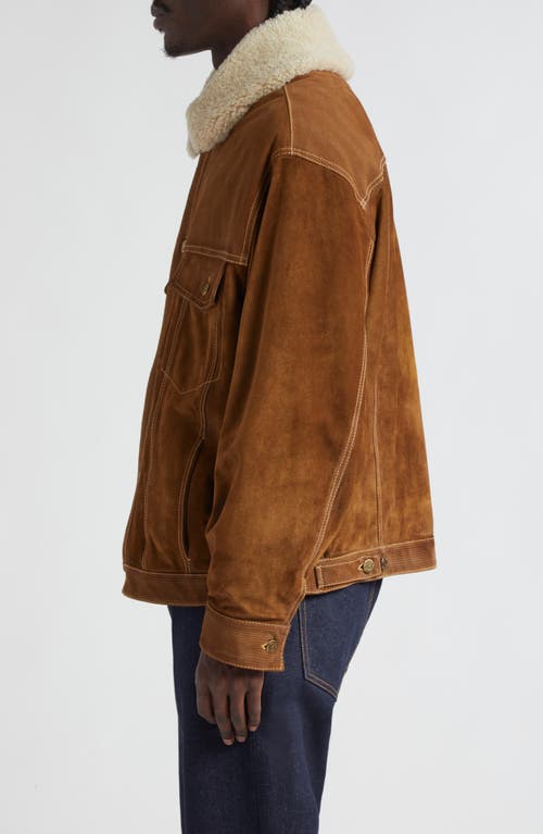 Shop Golden Goose Journey Suede Trucker Jacket With Removable Faux Shearling Collar In Tobacco Brown