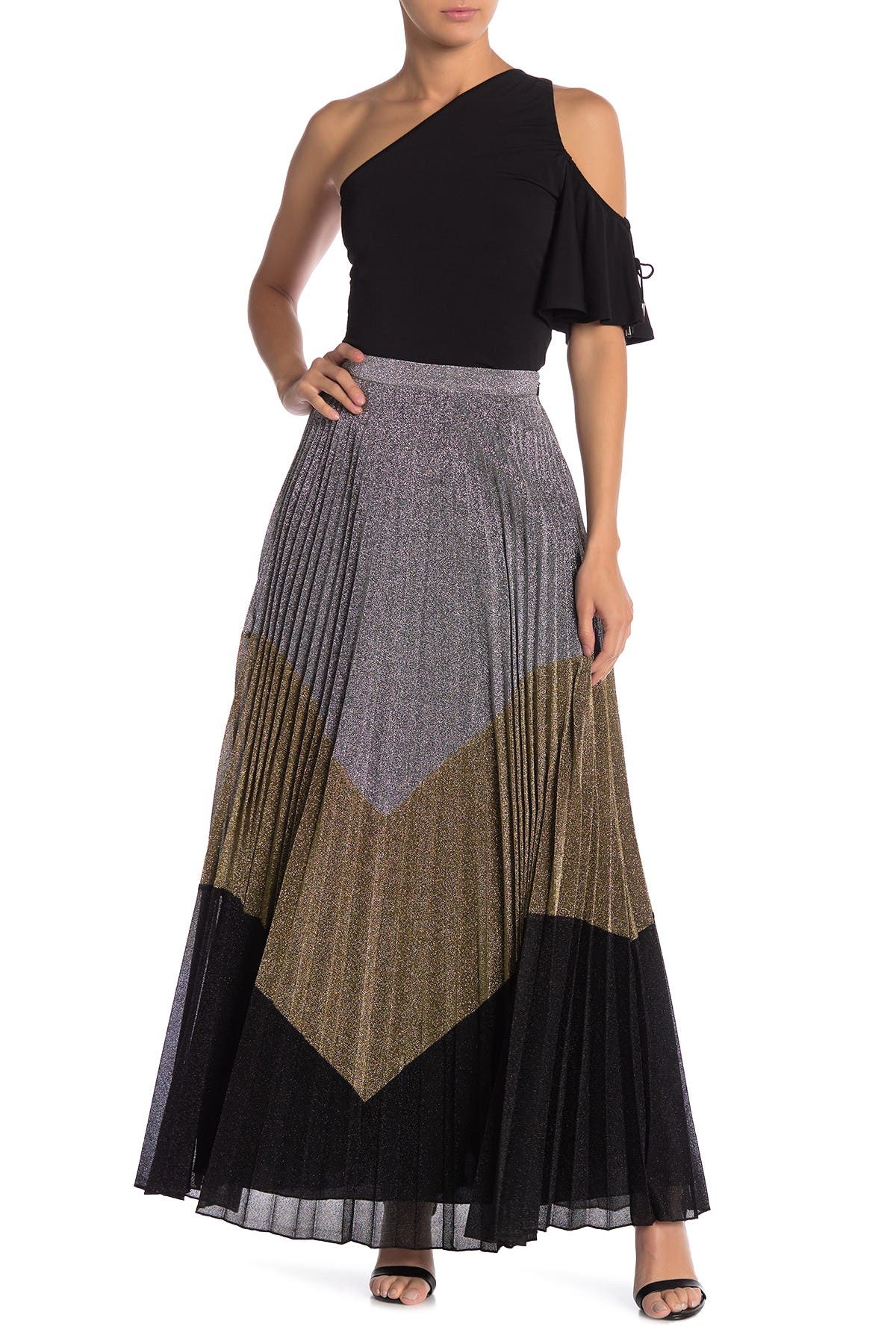 metallic pleated maxi skirt