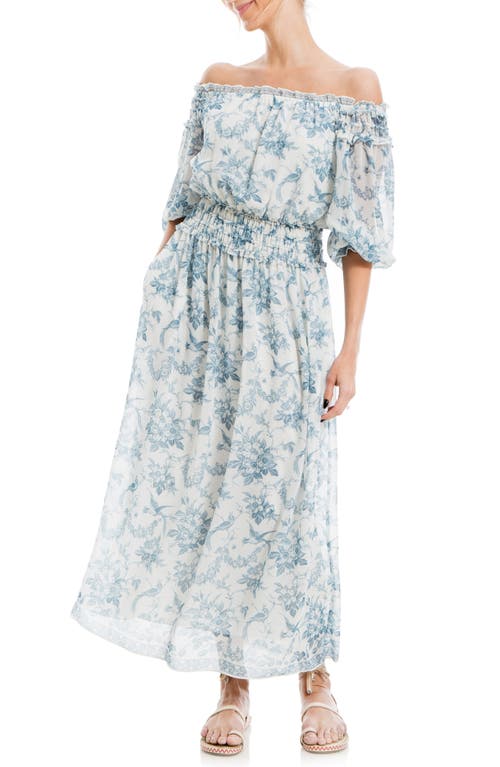 Shop Max Studio Off The Shoulder Maxi Dress In Cream/blue Floral Toile