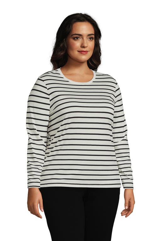 Shop Lands' End Plus Size Relaxed Supima Cotton Long Sleeve Crew Neck T-shirt In Ivory/black Breton Stripe