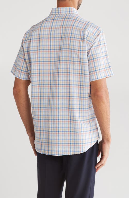 Shop David Donahue Herringbone Short Sleeve Linen & Cotton Button-up Shirt In Blue/melon