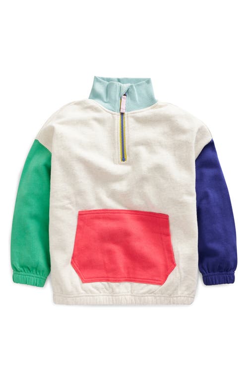 Mini Boden Kids' Colorblock Quarter Zip Sweatshirt in Oatmeal Marl at Nordstrom, Size 4-5Y