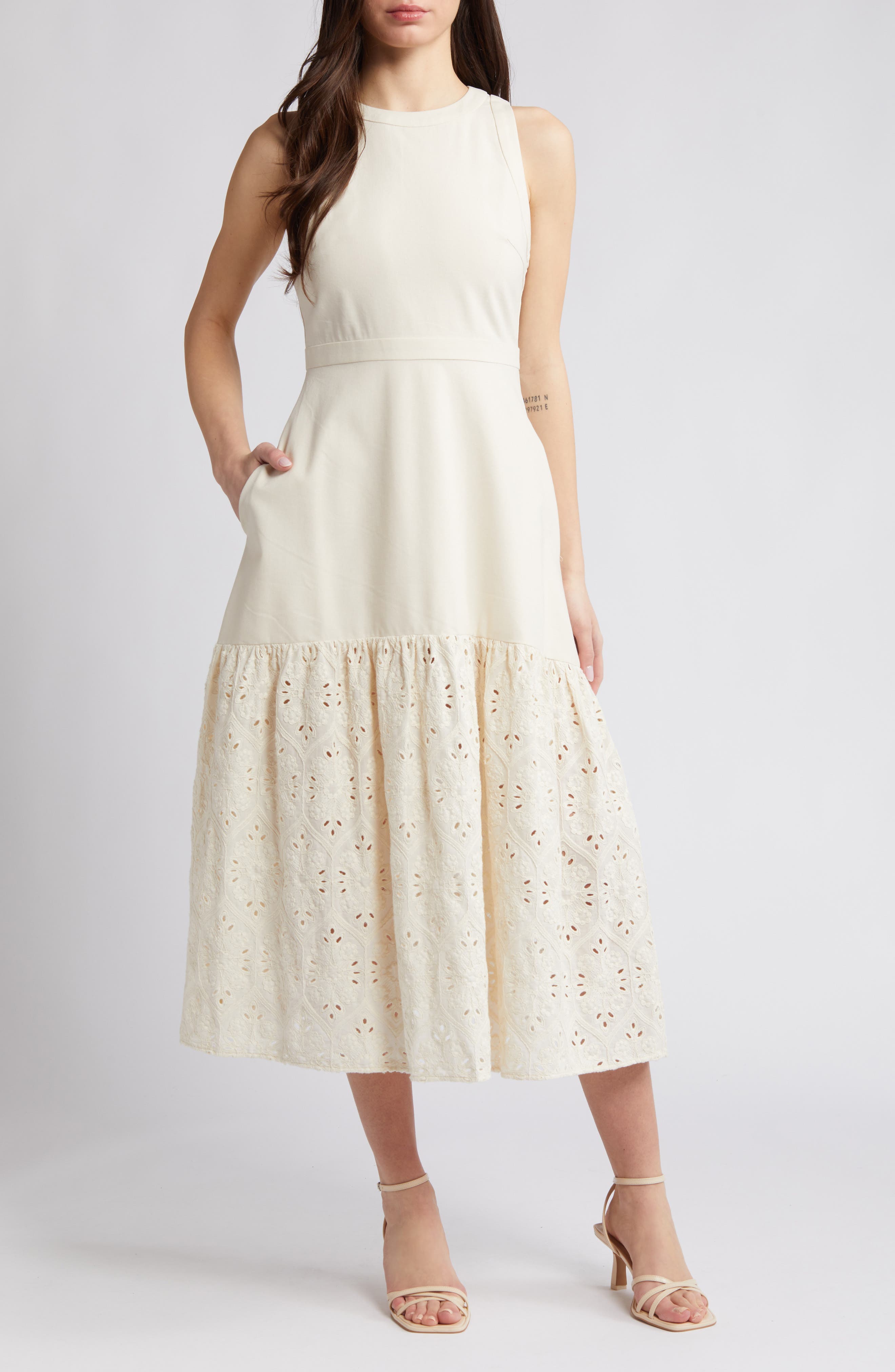 En Saison Cordelia Mixed Media Cotton & Linen Midi Dress | Nordstrom