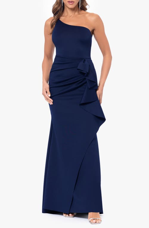 Xscape Evenings One-Shoulder Scuba Ruffle Gown Midnight at Nordstrom,