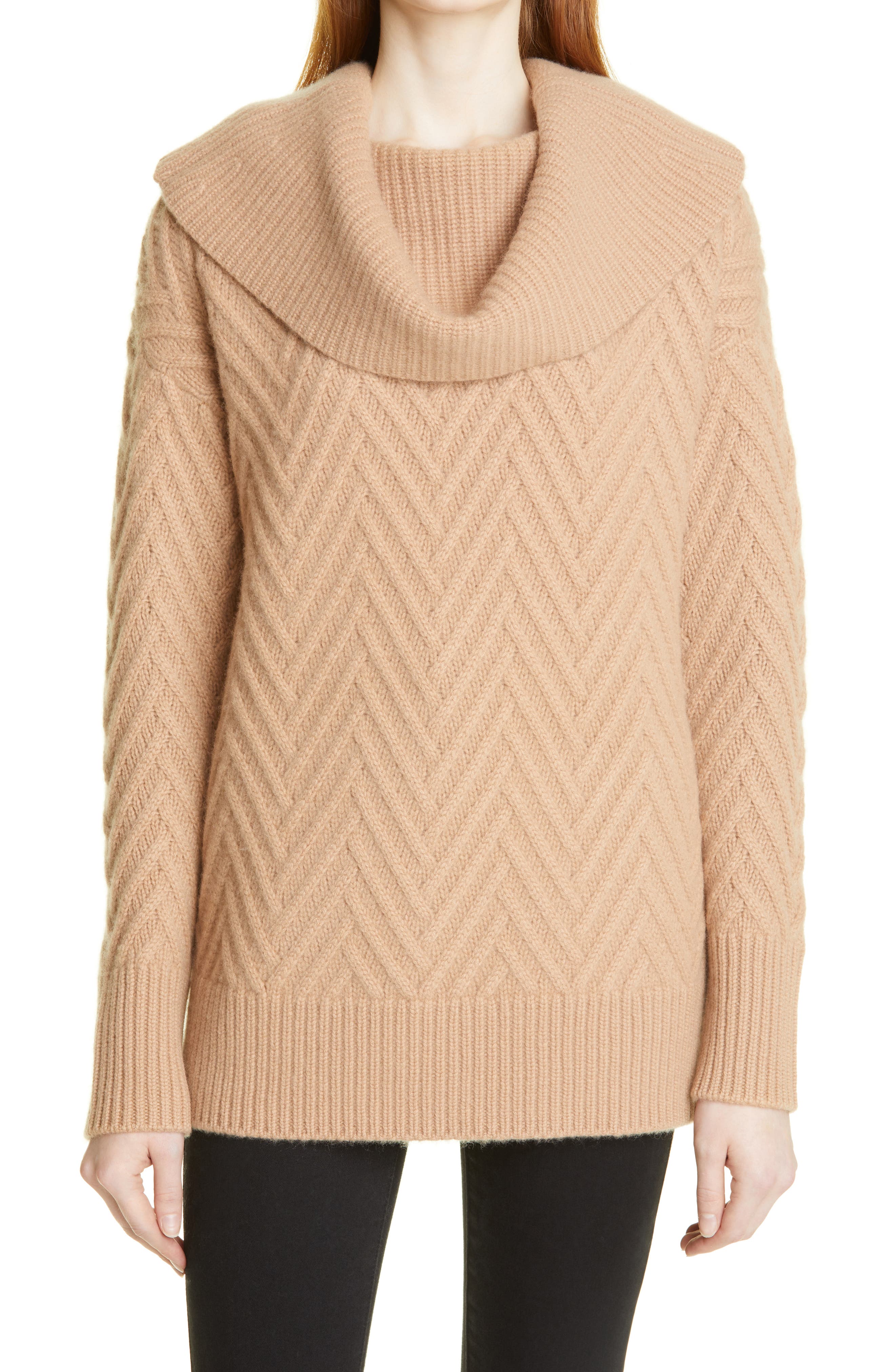 beige funnel neck sweater