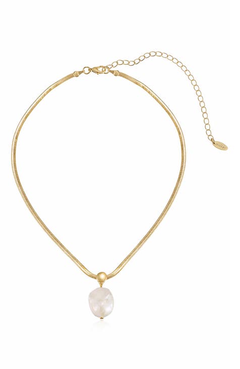 Long necklace - Metal & glass pearls, gold, pearly white & blue