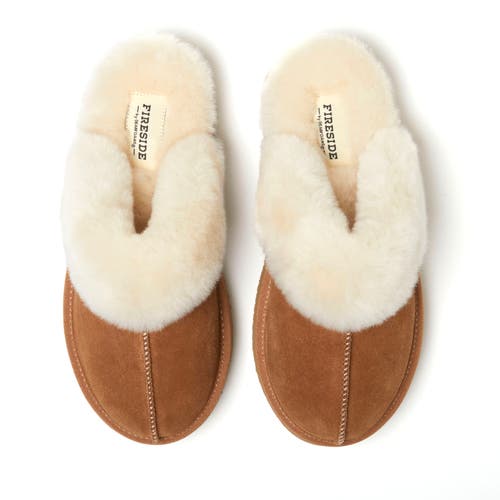Dearfoams Fireside By Dear Foams Women's Melton Genuine Shearling Platform Scuff Slipper In Chestnut