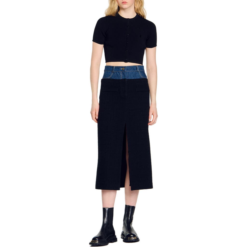 Sandro Dual-material Denim And Tweed Skirt In Black