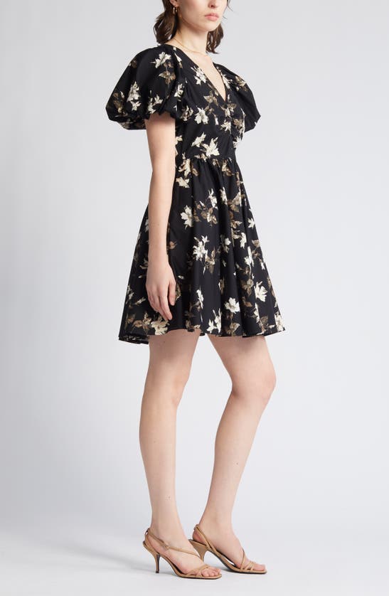 Shop Chelsea28 Floral Puff Sleeve Cotton Dress In Black- Ivory Classic Floral