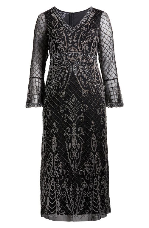 Shop Pisarro Nights Embellished Sheer Long Sleeve Gown In Black/silver