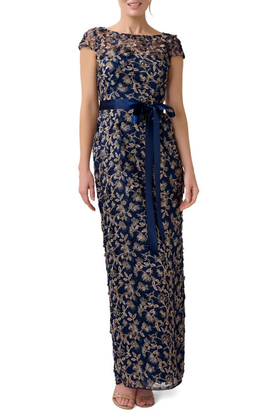 Adrianna Papell Floral Embroidered Column Dress In Navy/rosegold