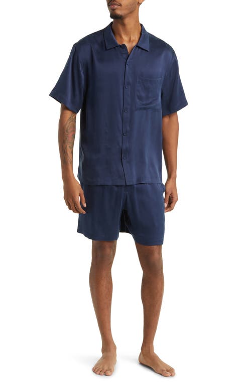 Washable Silk Button-Up Short Pajamas in Deep Blue