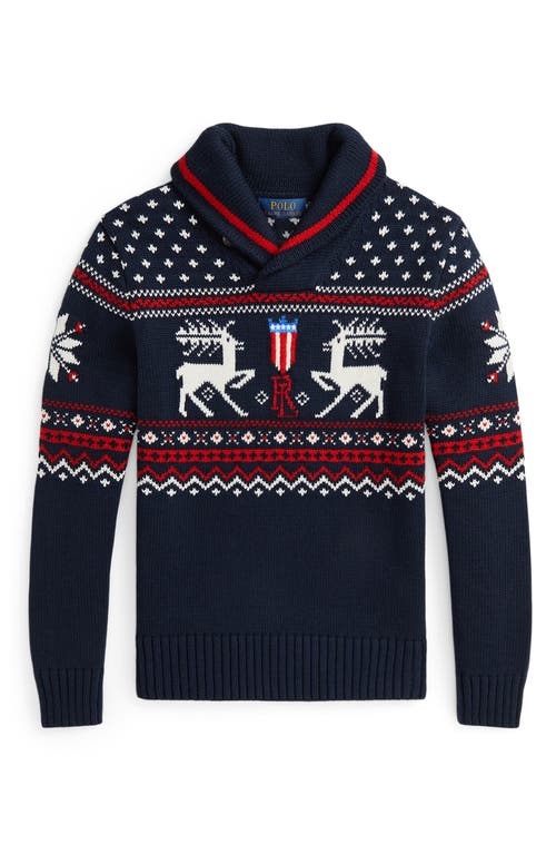 Shop Ralph Lauren Polo  Kids' Fair Isle Cotton & Wool Cowl Neck Sweater In Navy Combo