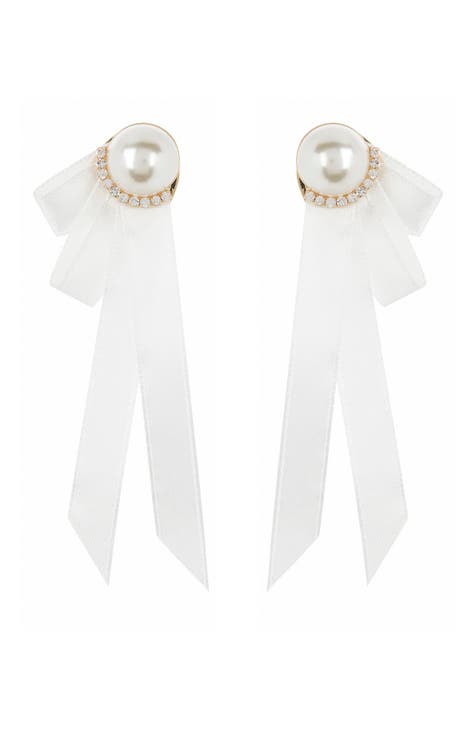 Imitation Pearl with Crystal and Ribbon Stud Earrings