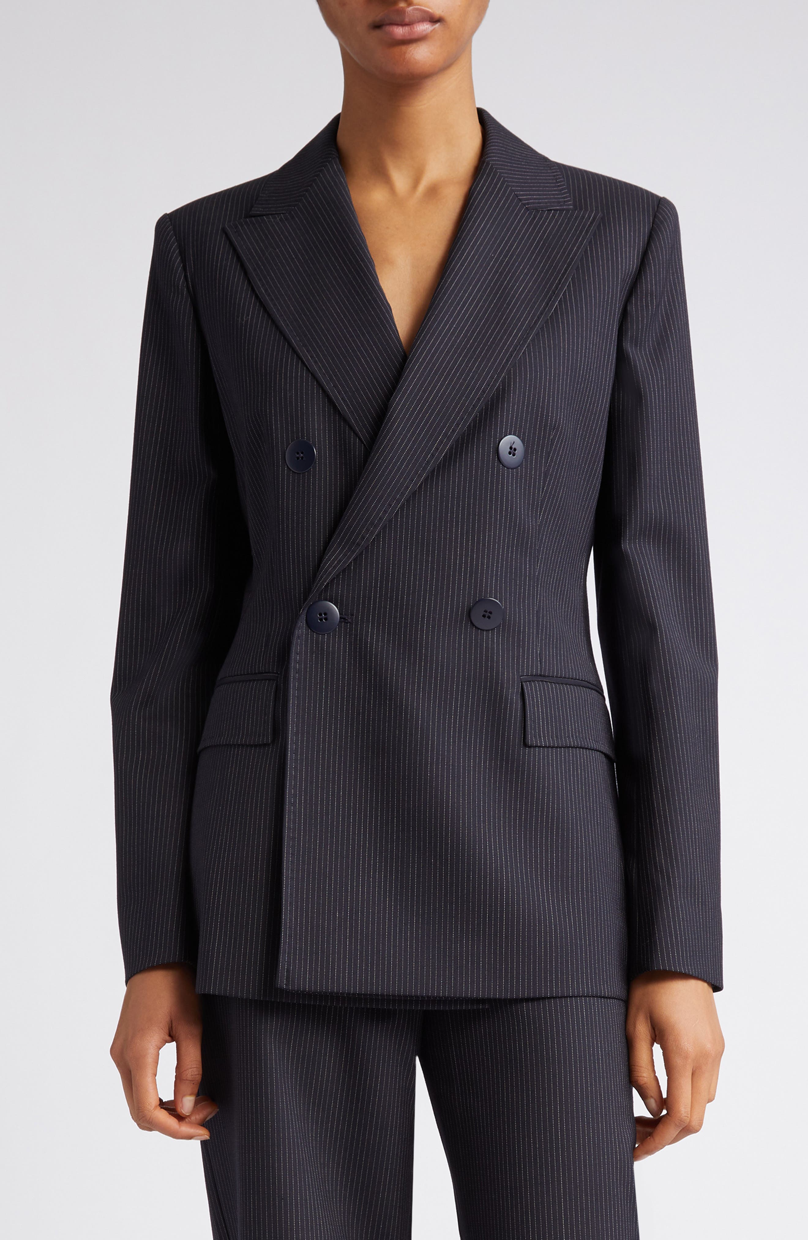 Max Mara Sella Pinstripe Wool Blend Blazer in Navy | Smart Closet display picture 1